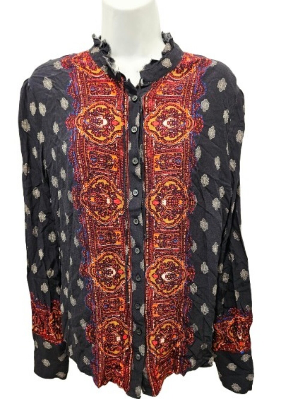 Free People Black Paisley Button Front Blouse Boho Distressed Ruffle
